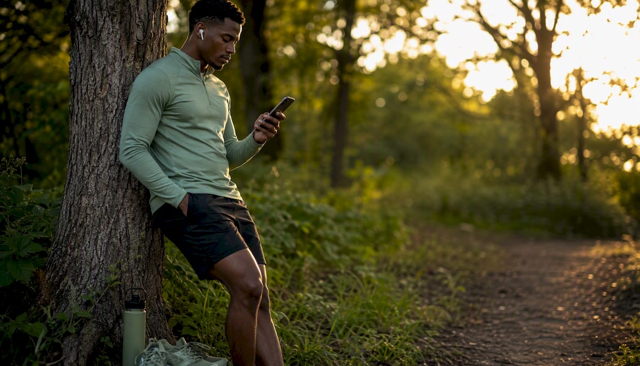 Man using AI fitness coach smartphone app outdoors