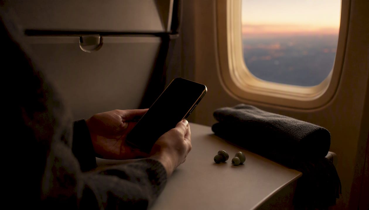 Hands holding phone in airplane offline mode