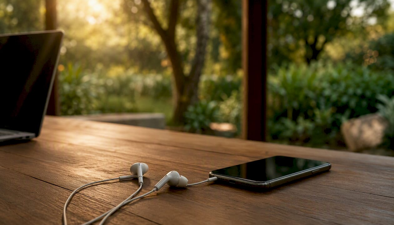 Earbuds and iPhone edge in quiet room