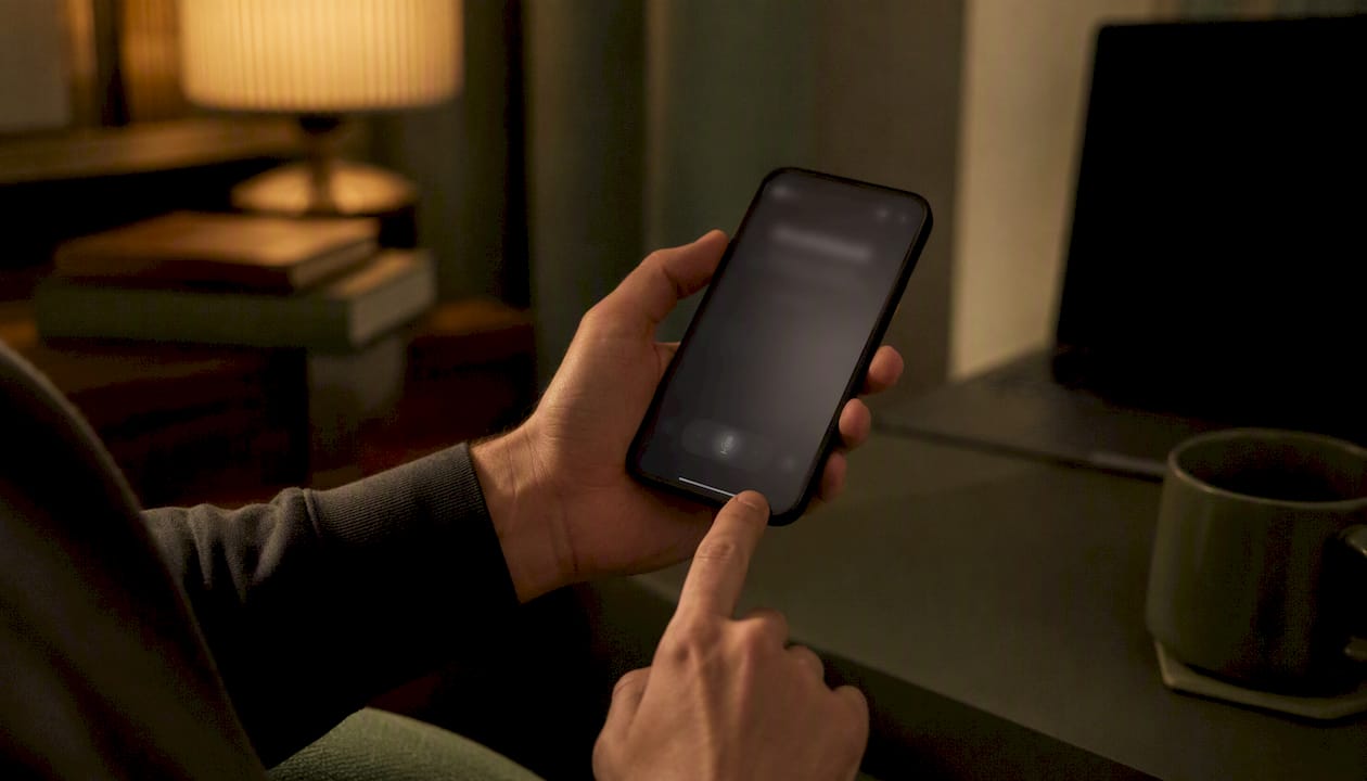 Hands holding phone for private voice dictation