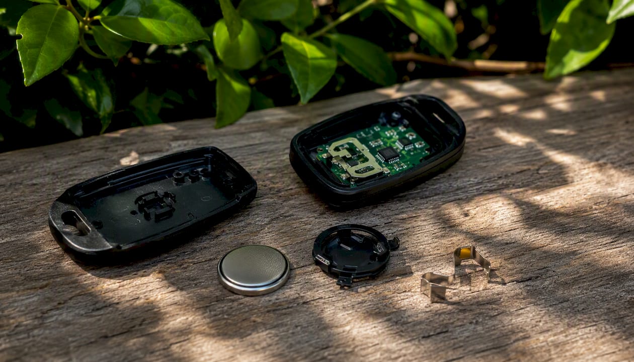 Disassembled car key fob with battery and parts