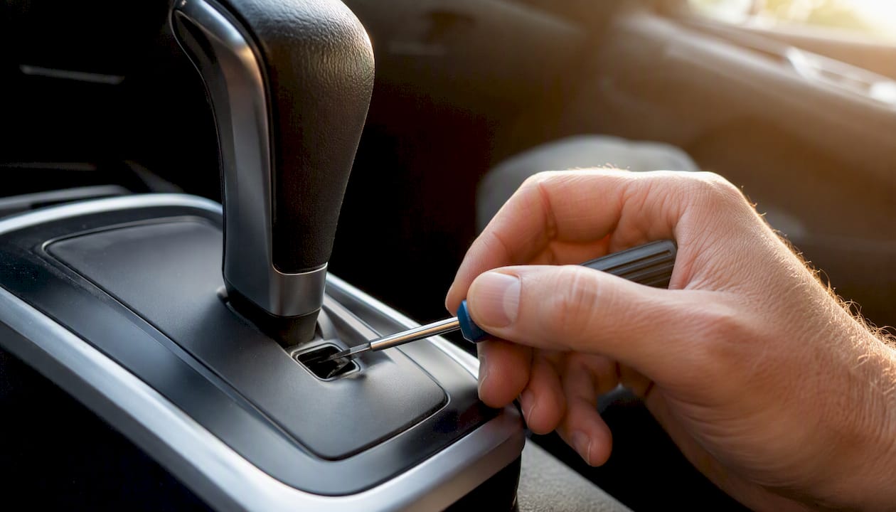 Hand using screwdriver at vehicle shift-lock override slot