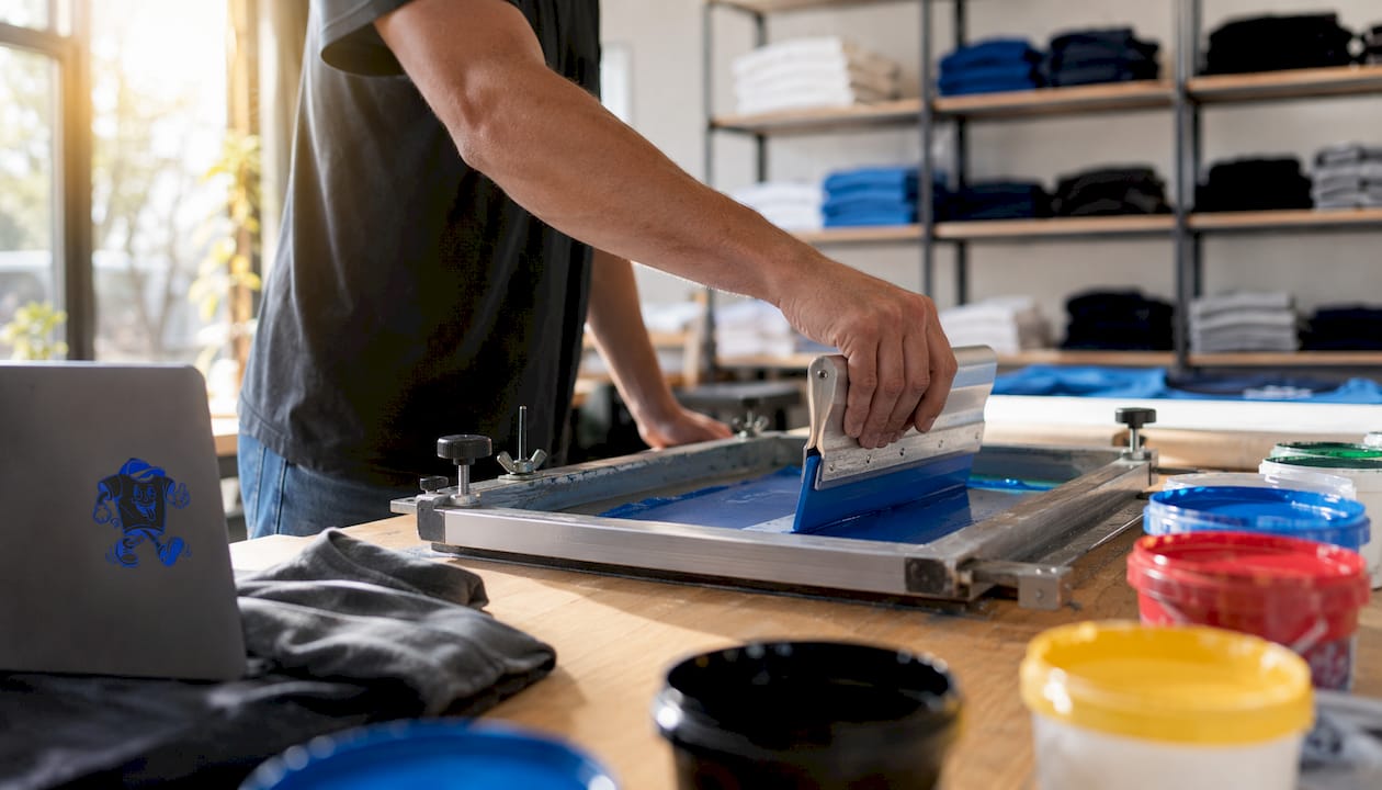 Detailaufnahme einer Hand beim Bedrucken von Baumwollstoff mit Siebdrucktechnik