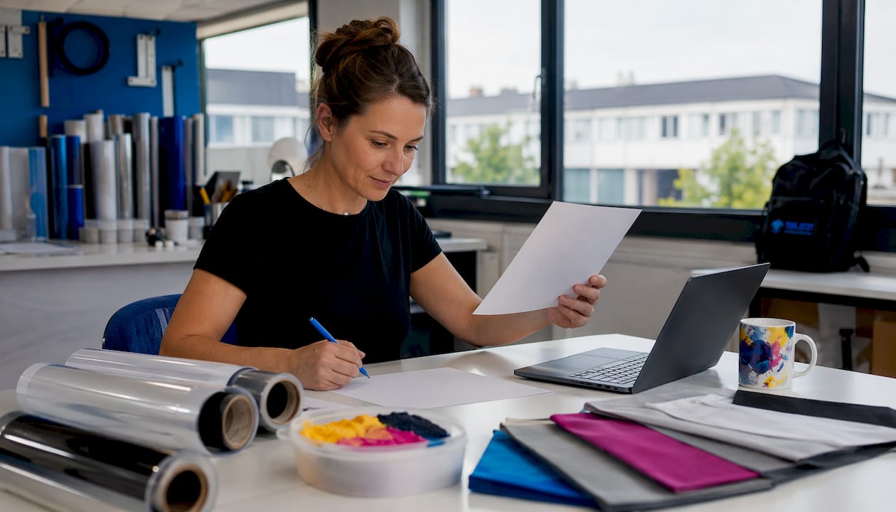 Eine Designerin sitzt am Tisch und geht ihre DTF-Druck-Checkliste sorgfältig durch.
