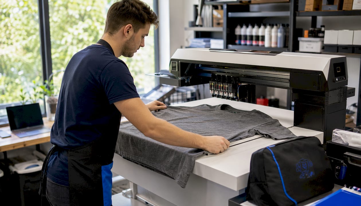 Ein Mitarbeiter legt ein Baumwoll-T-Shirt in die DTG-Druckmaschine ein.