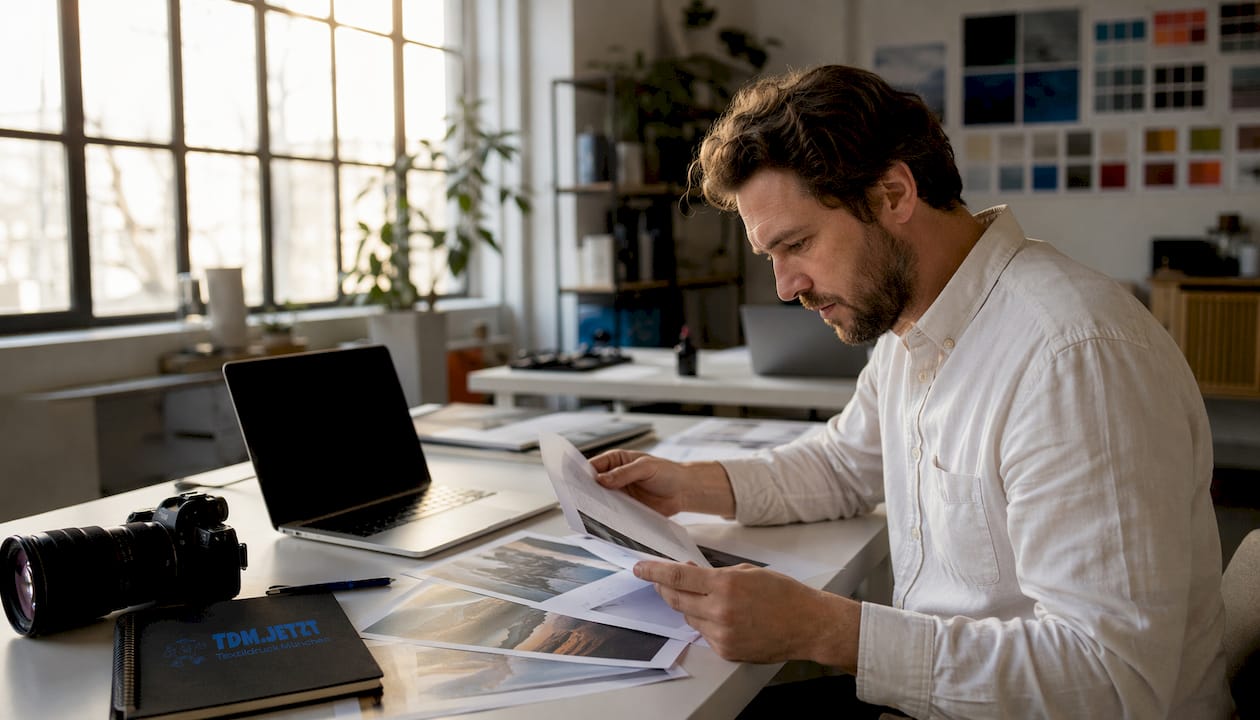 Ein Designer sitzt am Schreibtisch und überprüft die Unterlagen zu den Bildrechten.