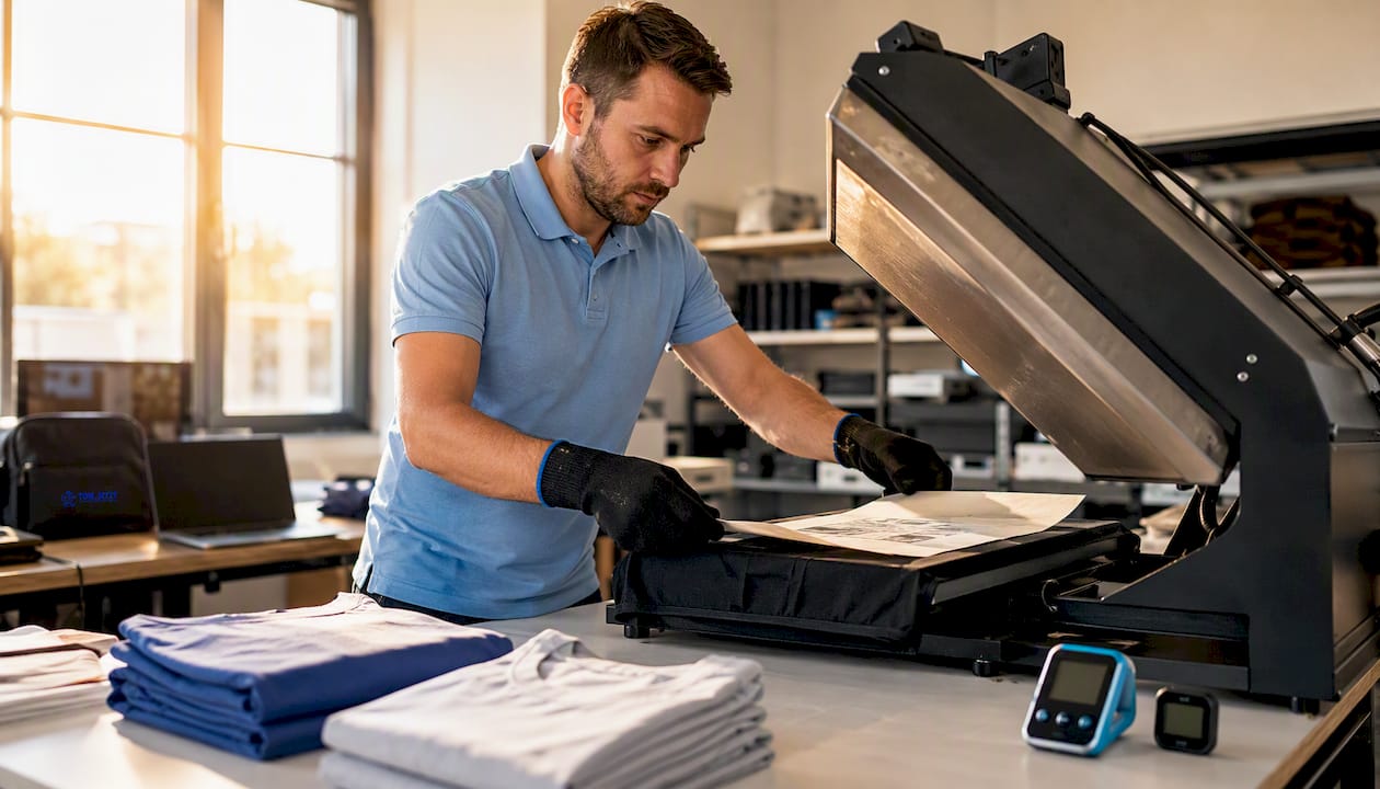 Ein Techniker arbeitet mit einer Heißpresse, um einen DTF-Transfer auf das Material aufzubringen.