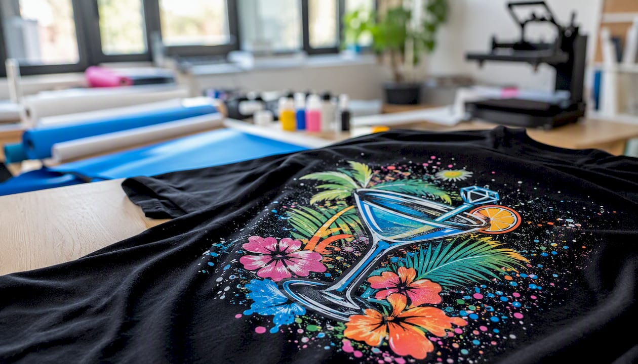 Detailaufnahme eines farbenfrohen DTF-Drucks auf einem JGA-Shirt – die intensiven Farben und das Muster kommen besonders gut zur Geltung.