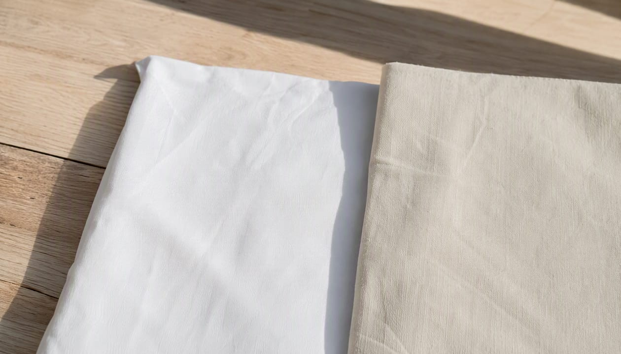 Detailaufnahme von weißen und cremefarbenen Stoffen, die direkt nebeneinander liegen.