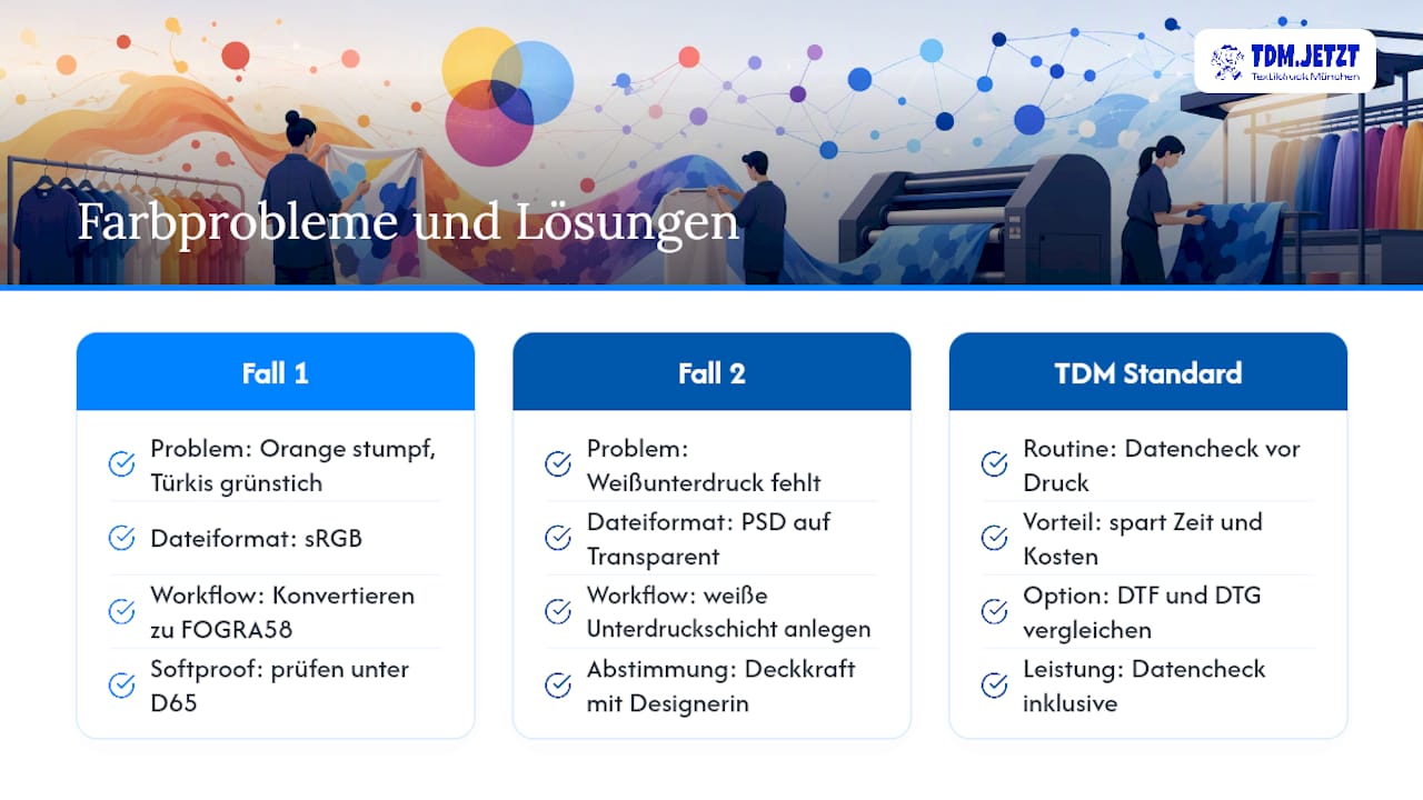 Aus unserer Praxis: Wie wir Farbprobleme bei TDM - Textildruck München lösen — overview diagram