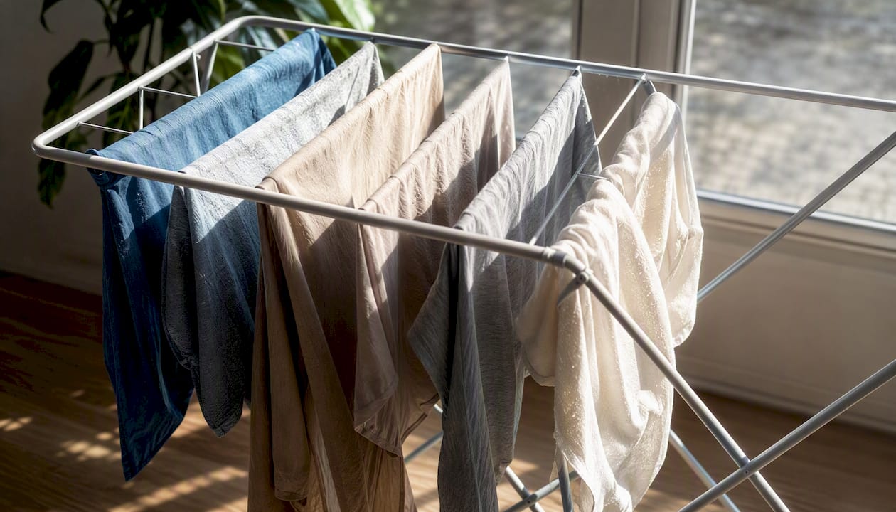 Die Wäsche trocknet am Fenster auf dem Wäscheständer.