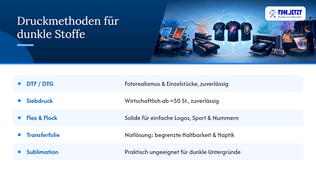 Übersichtsgrafik: Verschiedene Verfahren zum Bedrucken dunkler Textilien im Vergleich