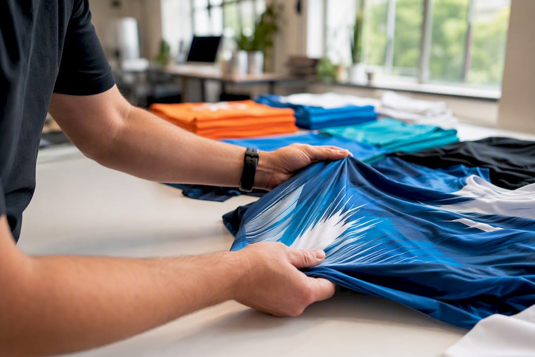 Mit den Händen wird der bedruckte Stoff eines Sportshirts auf seine Qualität und Dehnbarkeit geprüft.