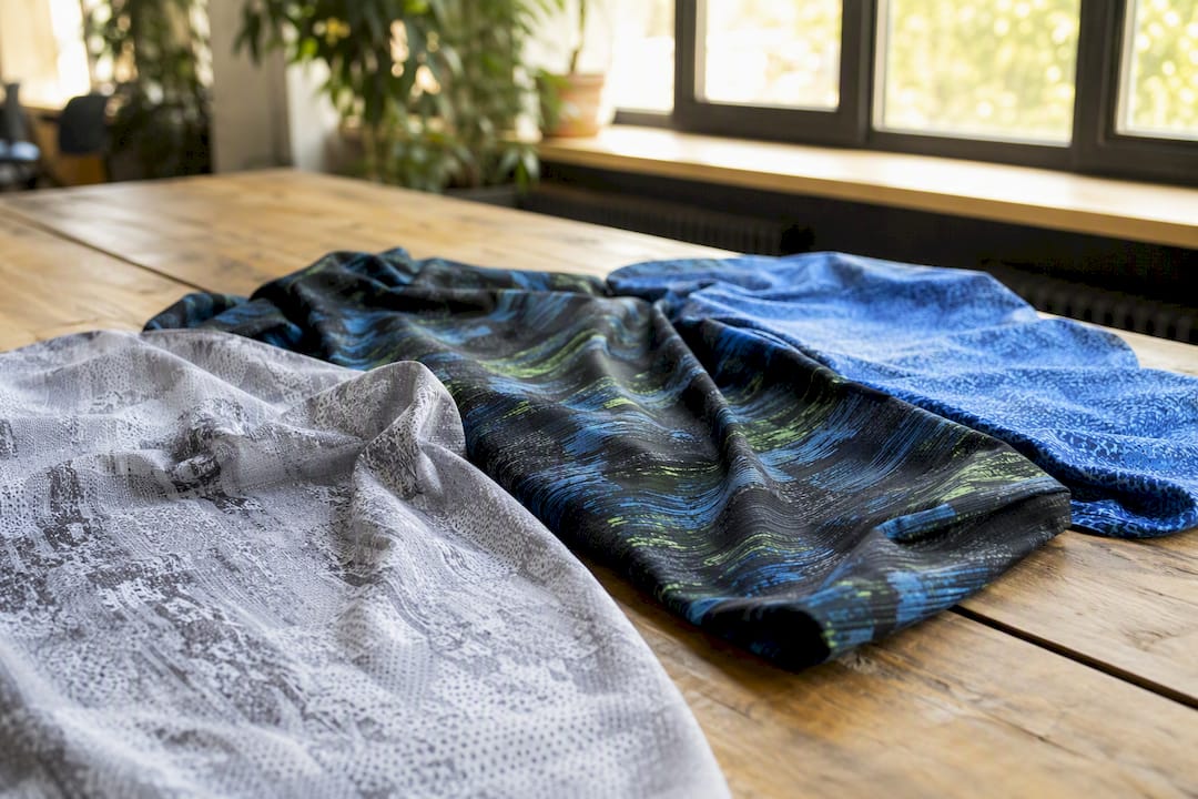 Nahaufnahme verschiedener Funktionsshirt-Stoffmuster mit Drucktests