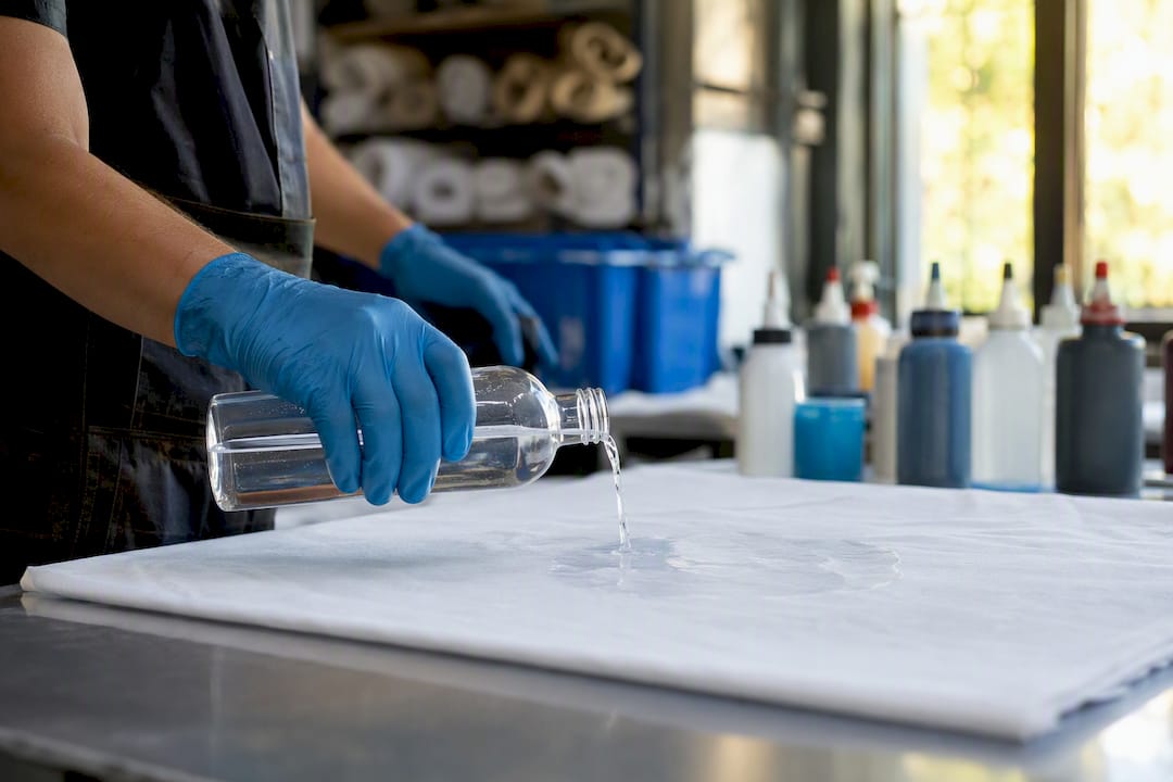 Hände tragen eine chemische Vorbehandlung auf eine Stoffprobe auf