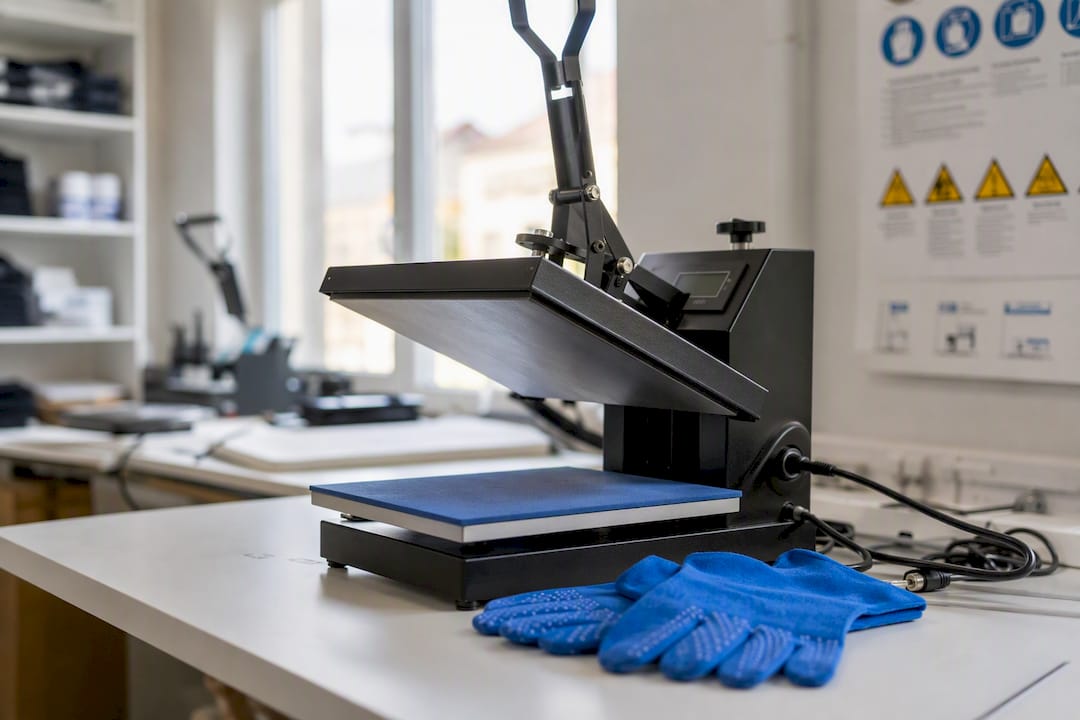 Hitzebeständige Handschuhe neben der Transferpresse