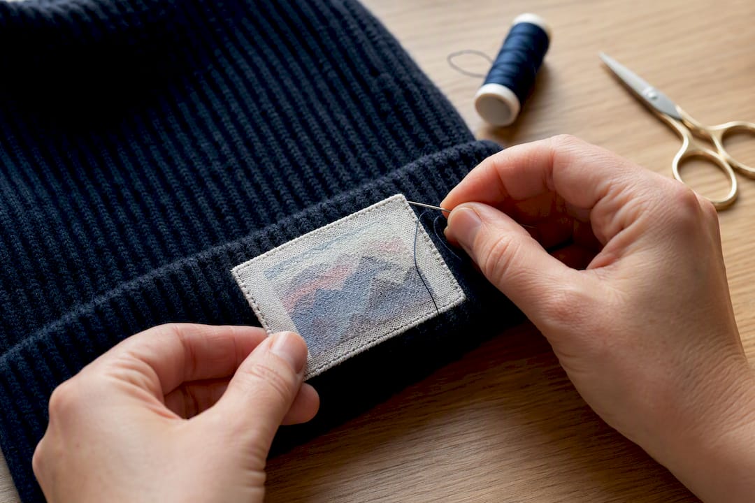 Der Stoffpatch wird auf die Strickmütze genäht.