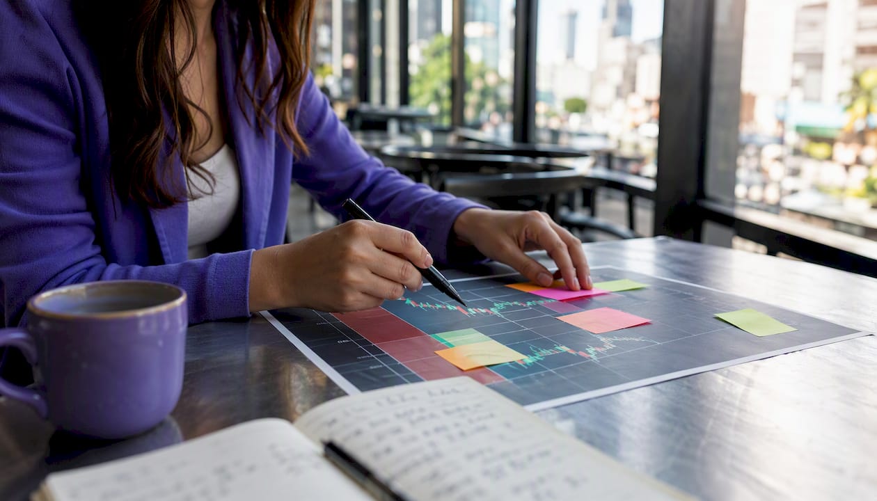 Trader marking stop-loss on chart with sticky notes