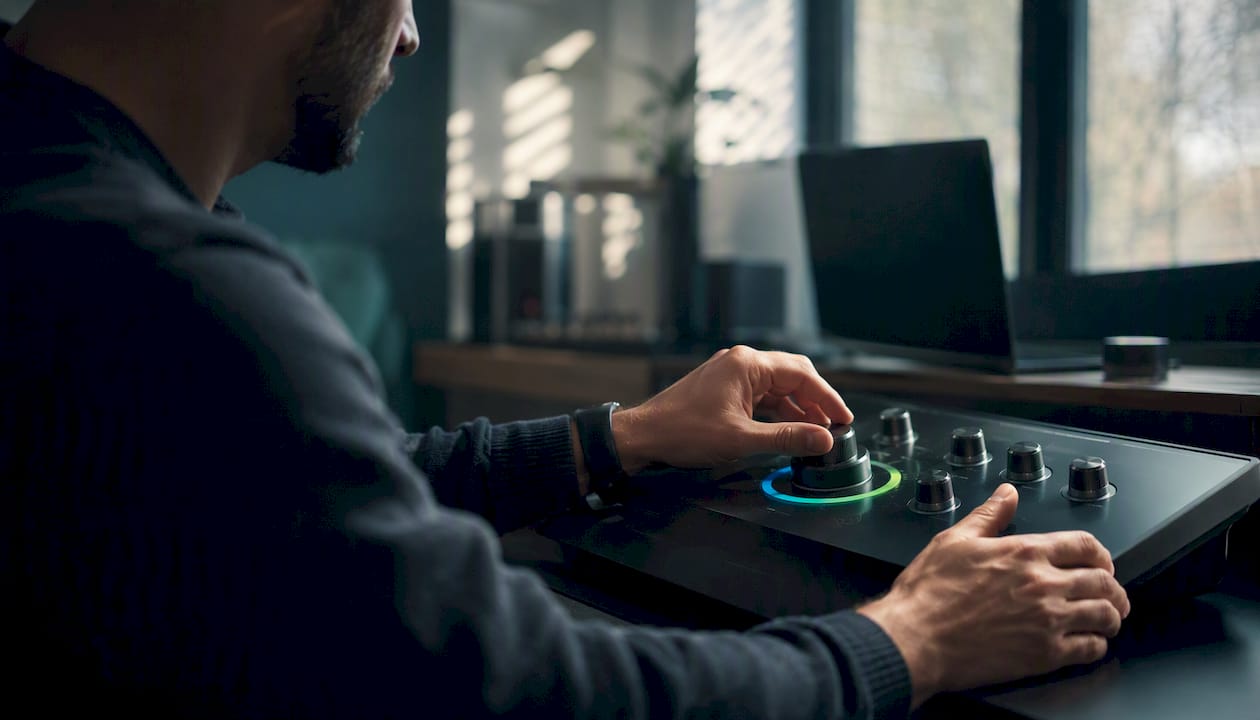 Trader adjusting decision scoring device dial