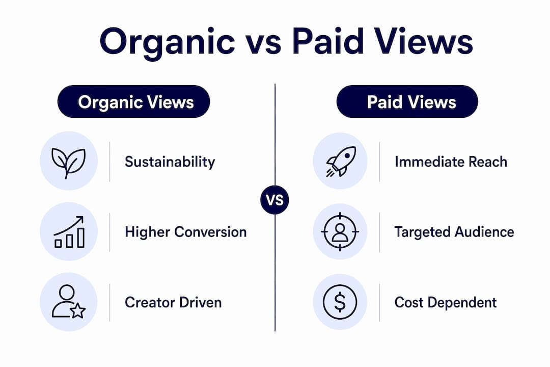 Infographic comparing organic and paid views key points