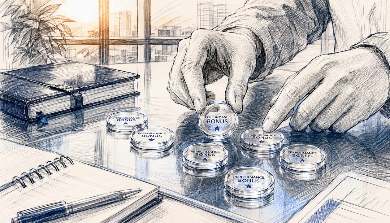Hands moving performance bonus tokens on table
