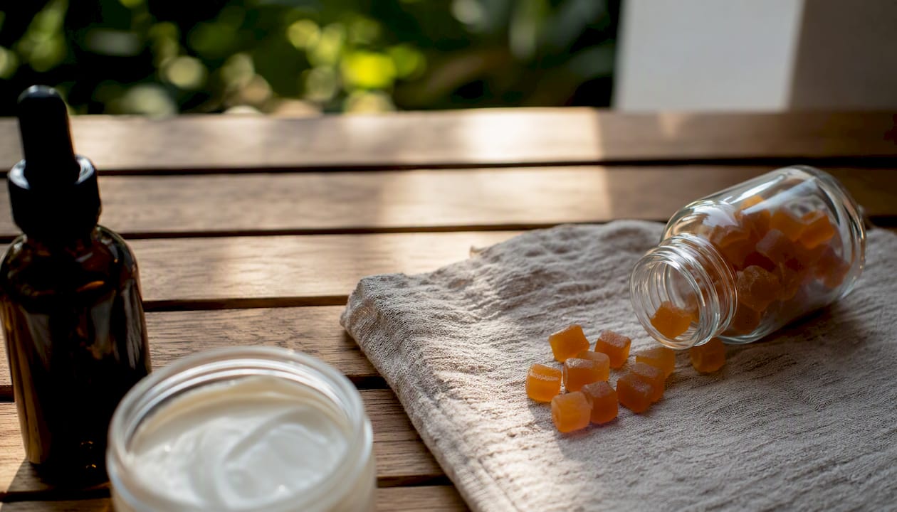 Various non-branded CBD product formats on table