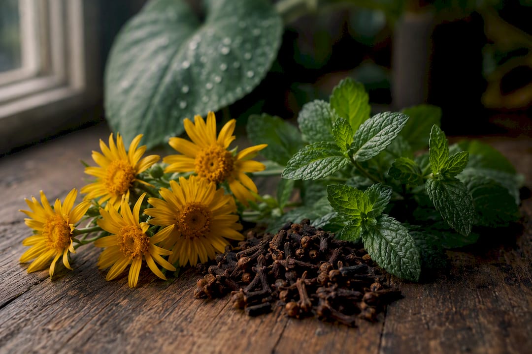 Arnica, clove, and menthol leaves on blue surface
