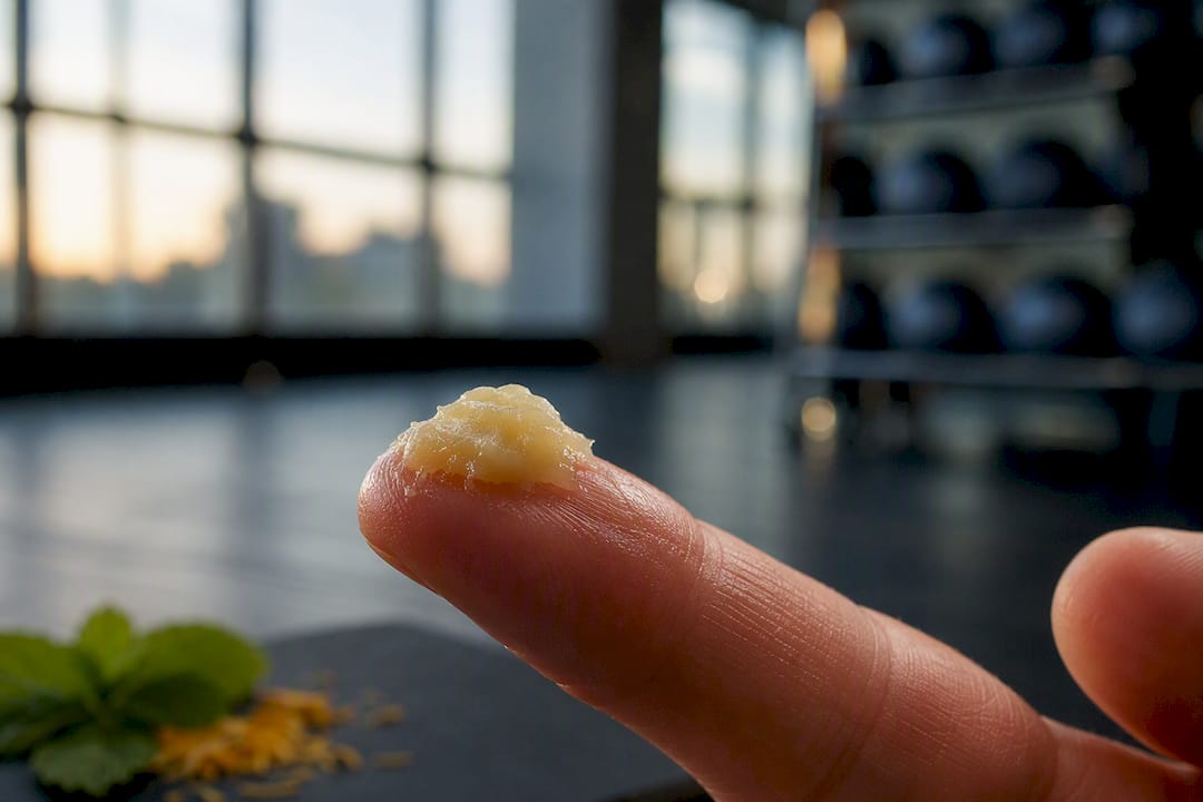 Close-up of finger with topical CBD balm