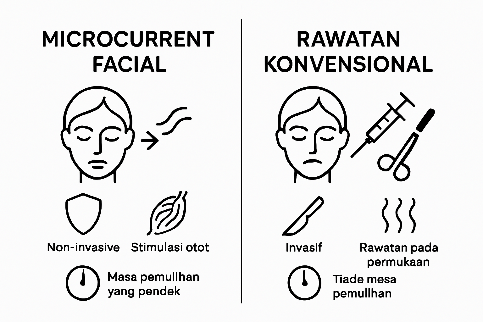 Visual infographic comparing microcurrent facial and conventional treatments using clear icons