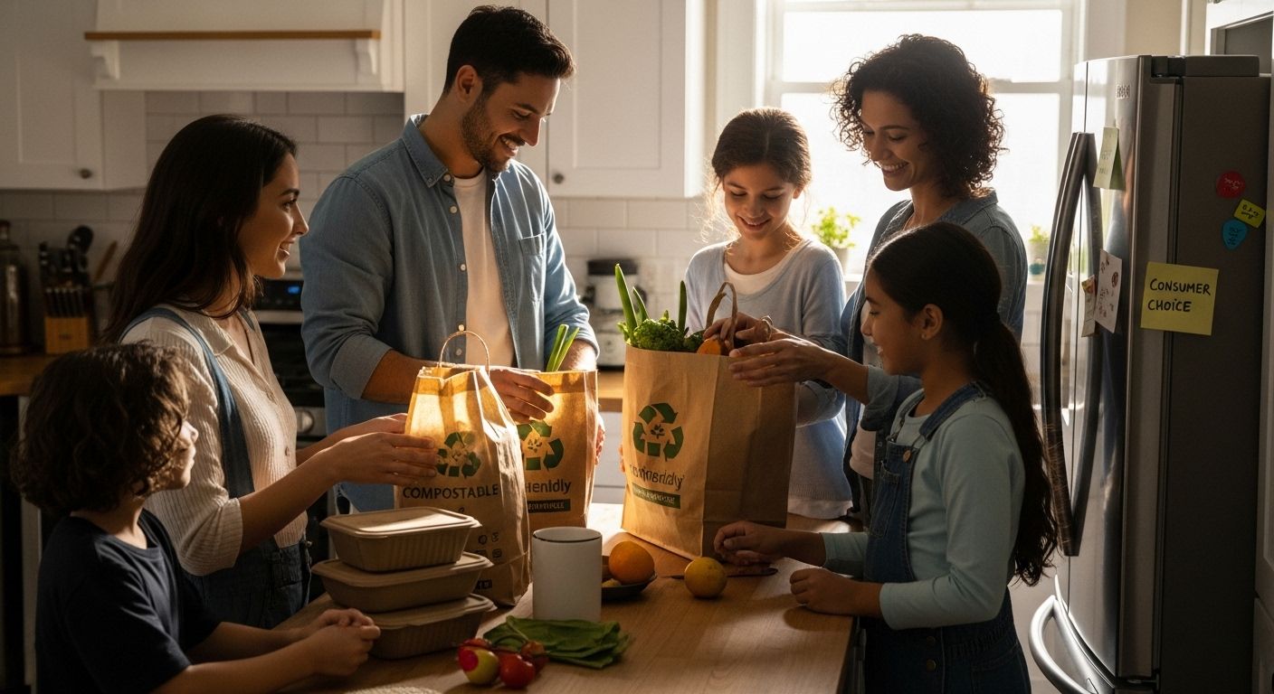 family unpacking sustainable groceries