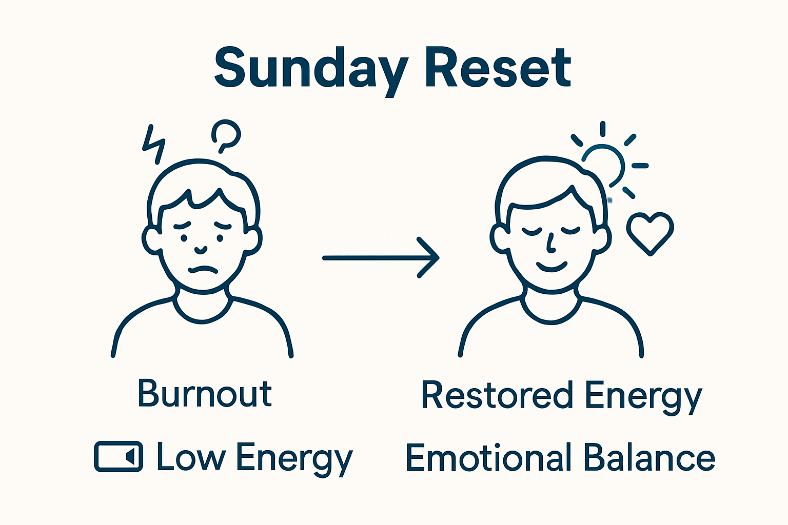 Visual comparison of burnout versus restored energy after a Sunday Reset