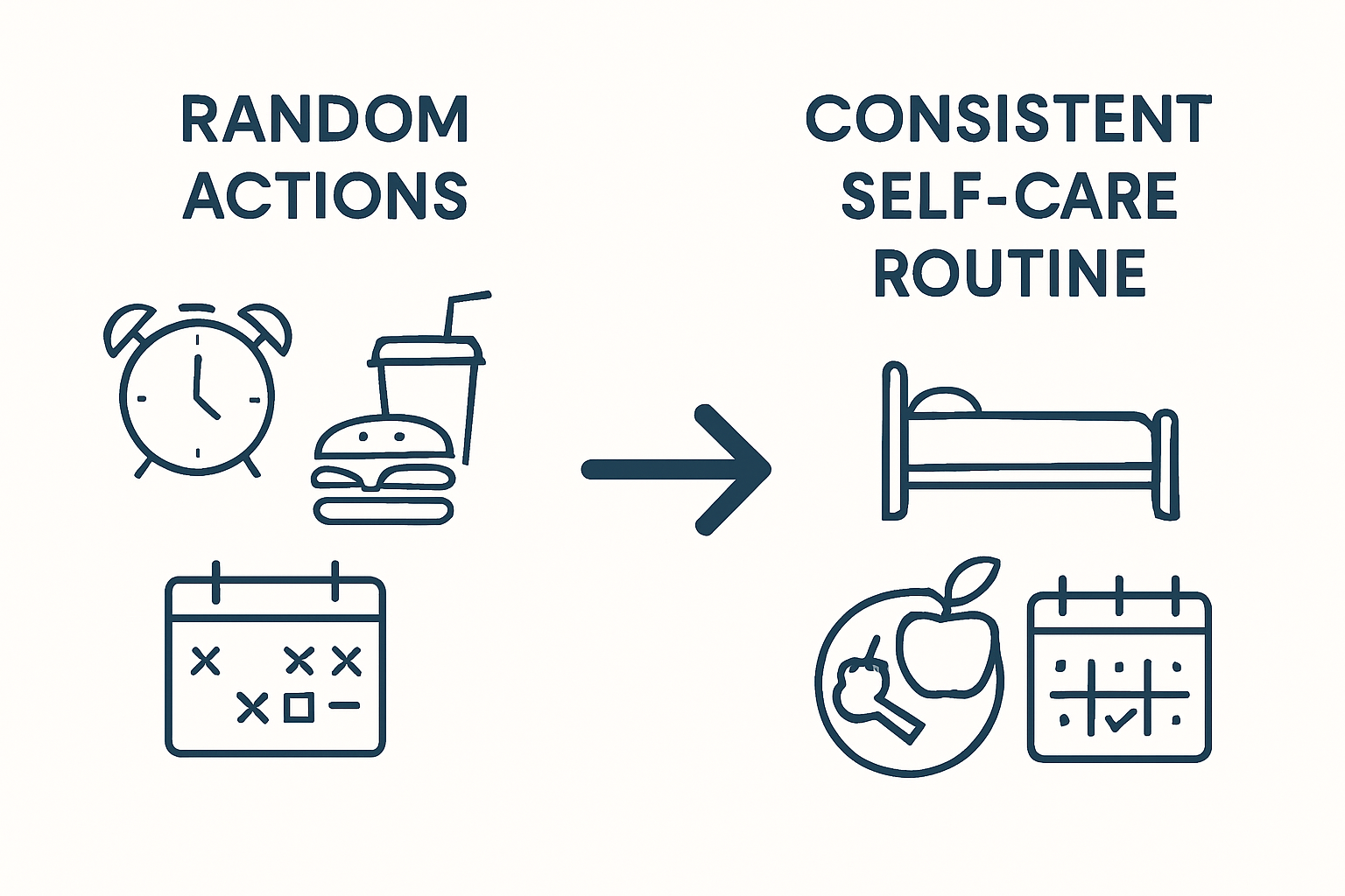 Infographic comparing random actions and consistent self-care routines for wellness