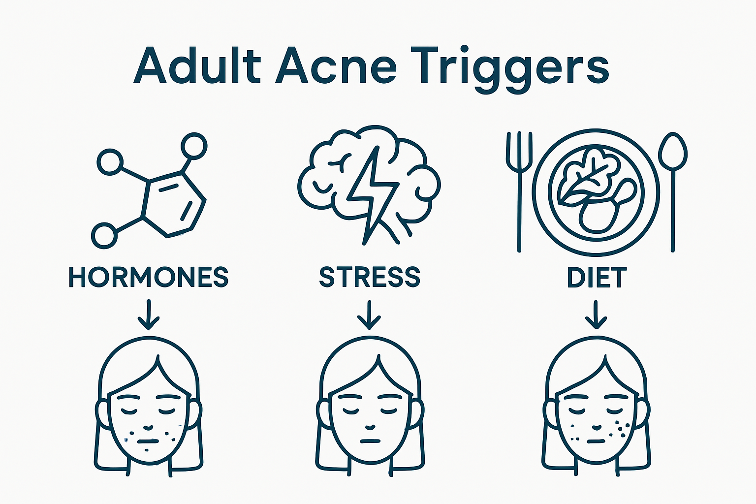 Infographic comparing hormones, stress, and diet as adult acne triggers