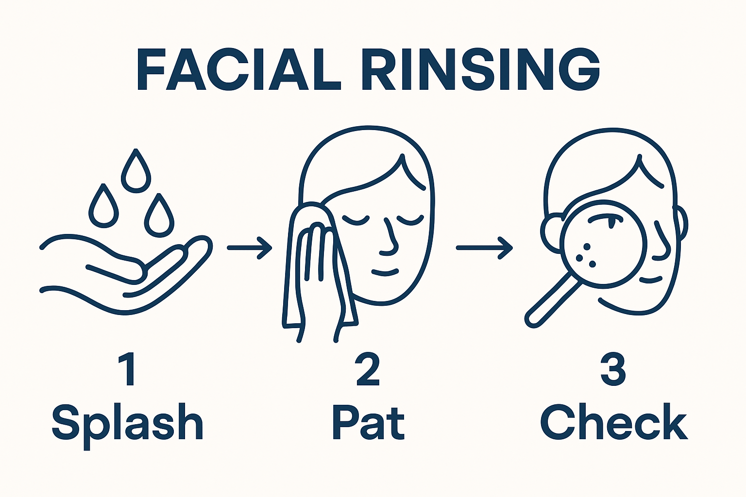 Infographic showing facial rinsing steps: splash, pat dry, assess skin