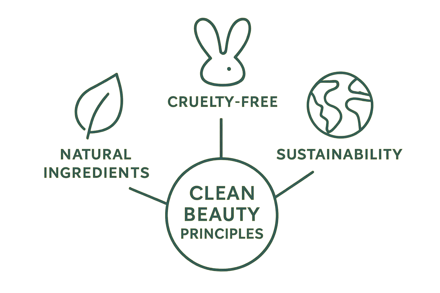 Icons showing clean beauty principles: natural, cruelty-free, sustainable.
