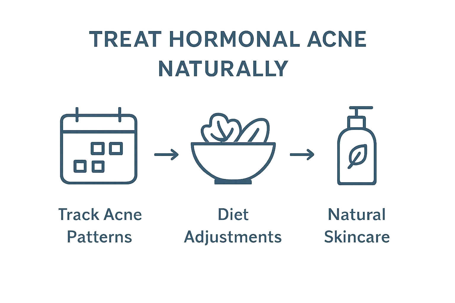 Three-step infographic for hormonal acne treatment: tracking, diet, skincare.