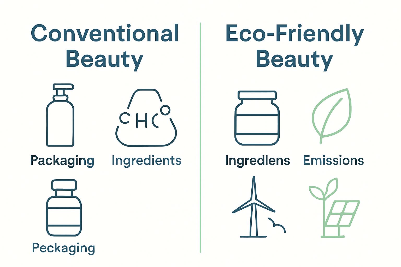 Side-by-side visual comparing eco-friendly and traditional beauty industry impacts