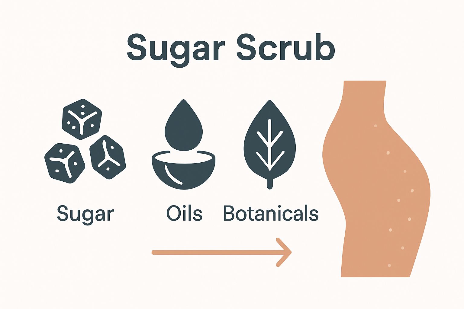 Infographic showing three main sugar scrub components: sugar crystals, oils, and botanicals.