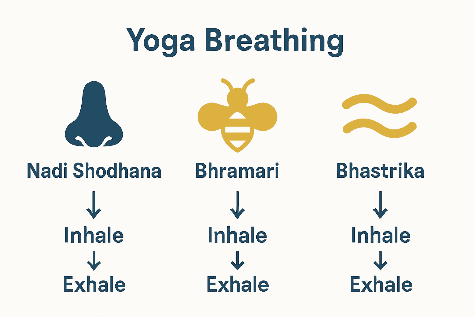Infographic illustrating three beginner yoga breathing techniques for stress relief