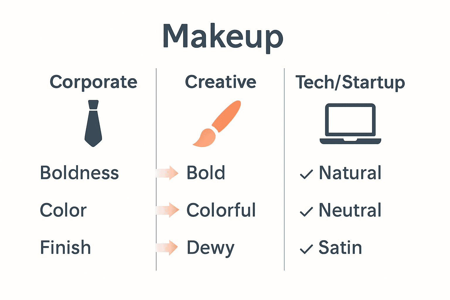 Infographic comparing workplace makeup styles for corporate, creative, and tech jobs