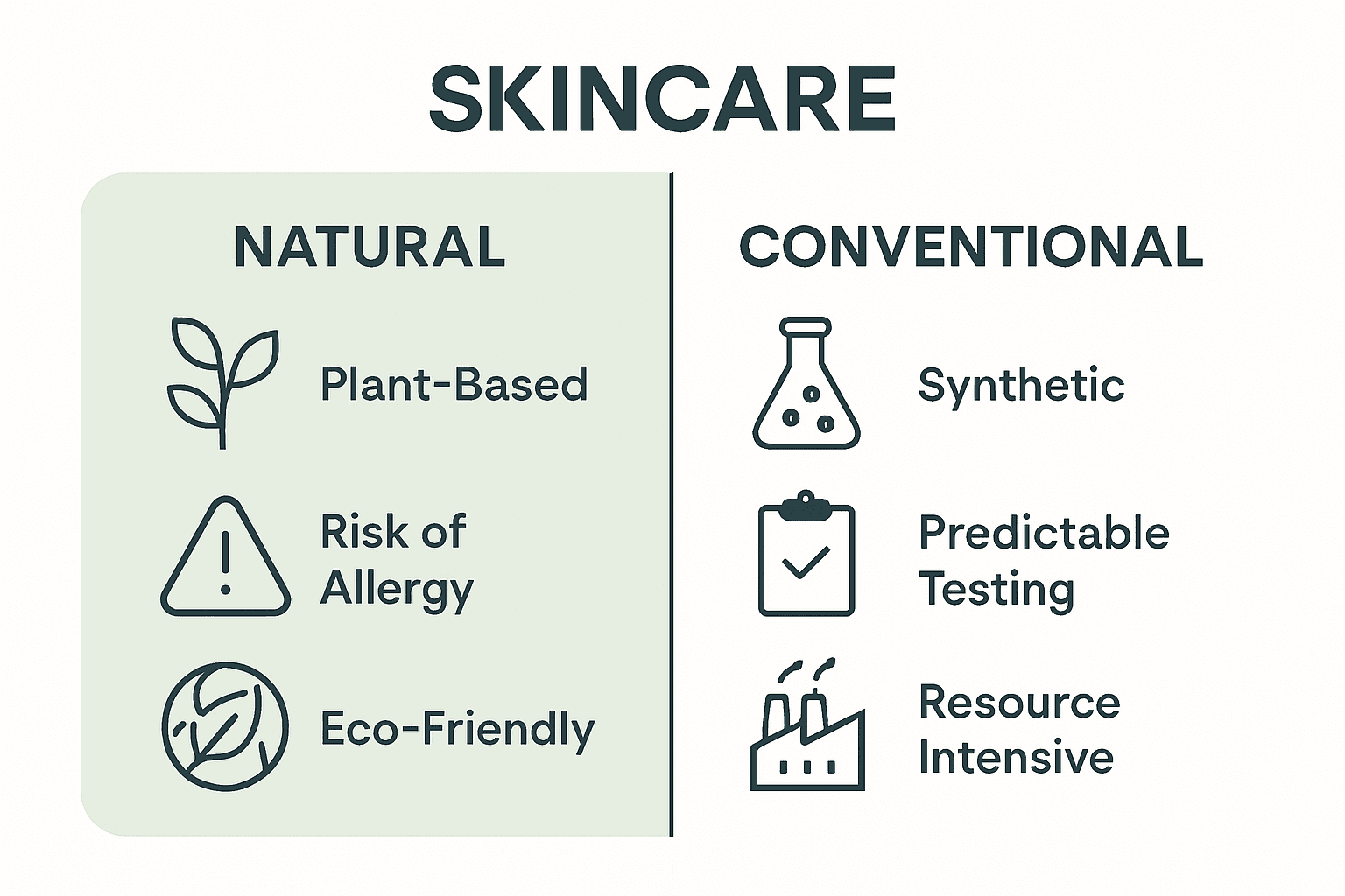 Infographic visually comparing natural and conventional skincare by ingredients, safety, and environment.