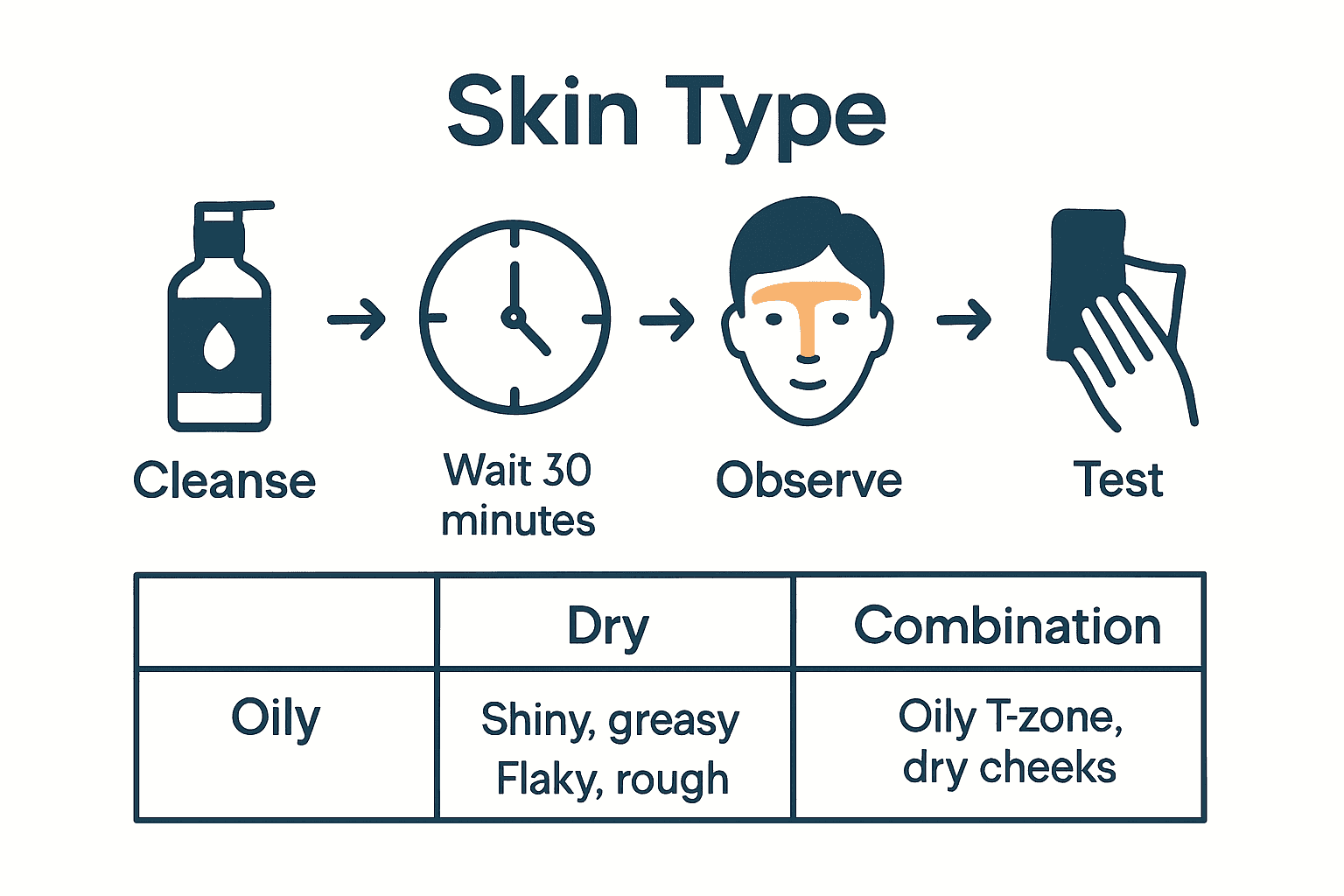 Skin type determination process infographic with five steps