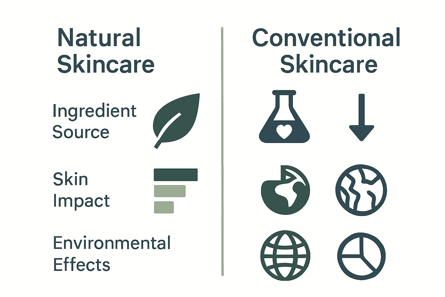 Comparison of natural vs conventional skincare in icons and brief data