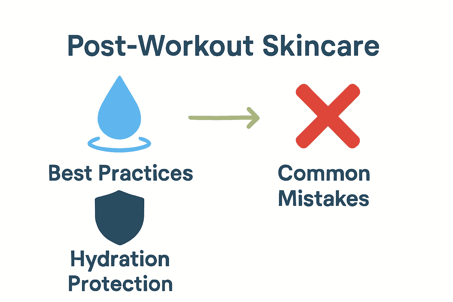 Infographic comparing optimal post-workout skincare steps with common mistakes using icons and arrows.