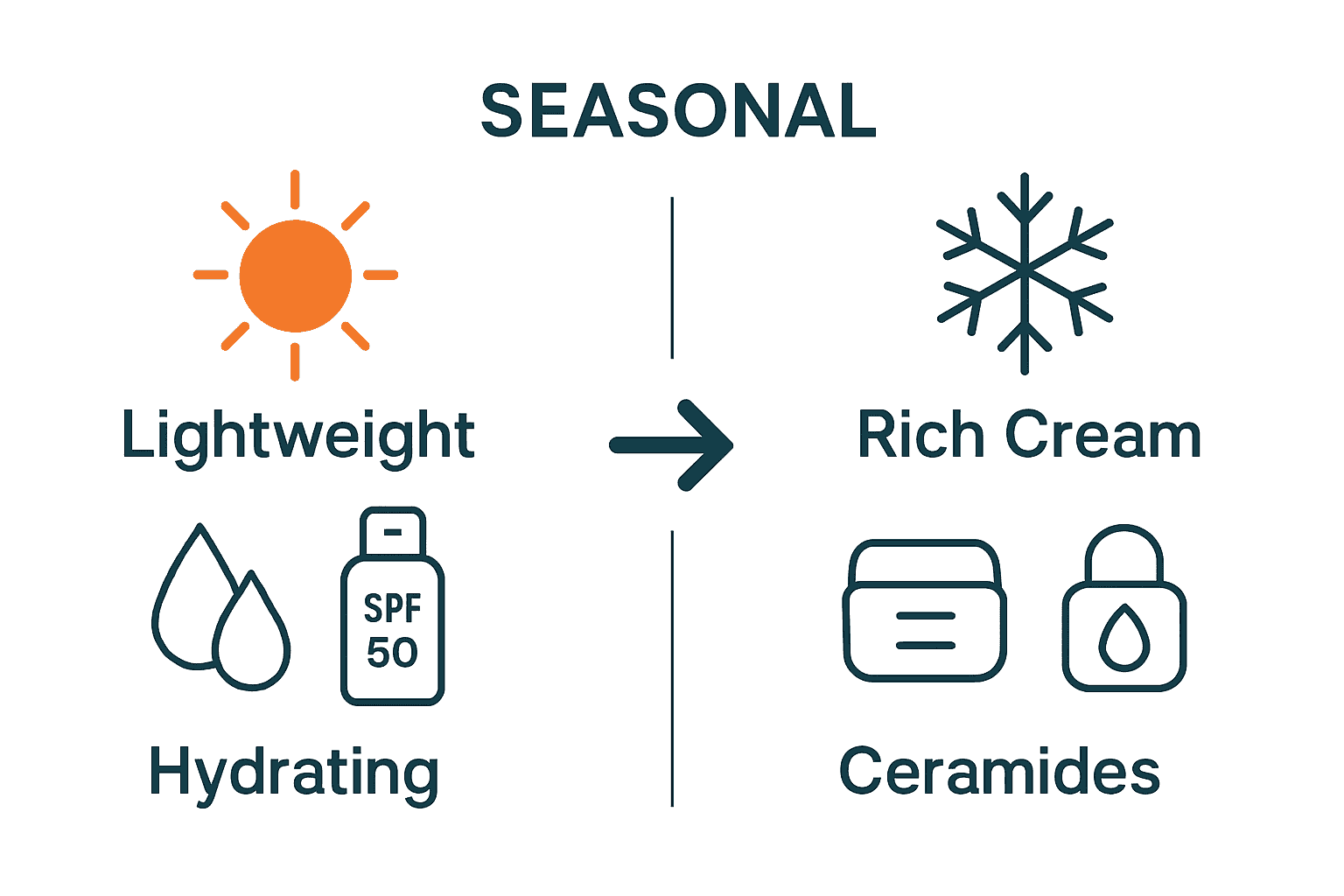 Simple infographic comparing summer and winter skincare essentials by ingredient and routine step.