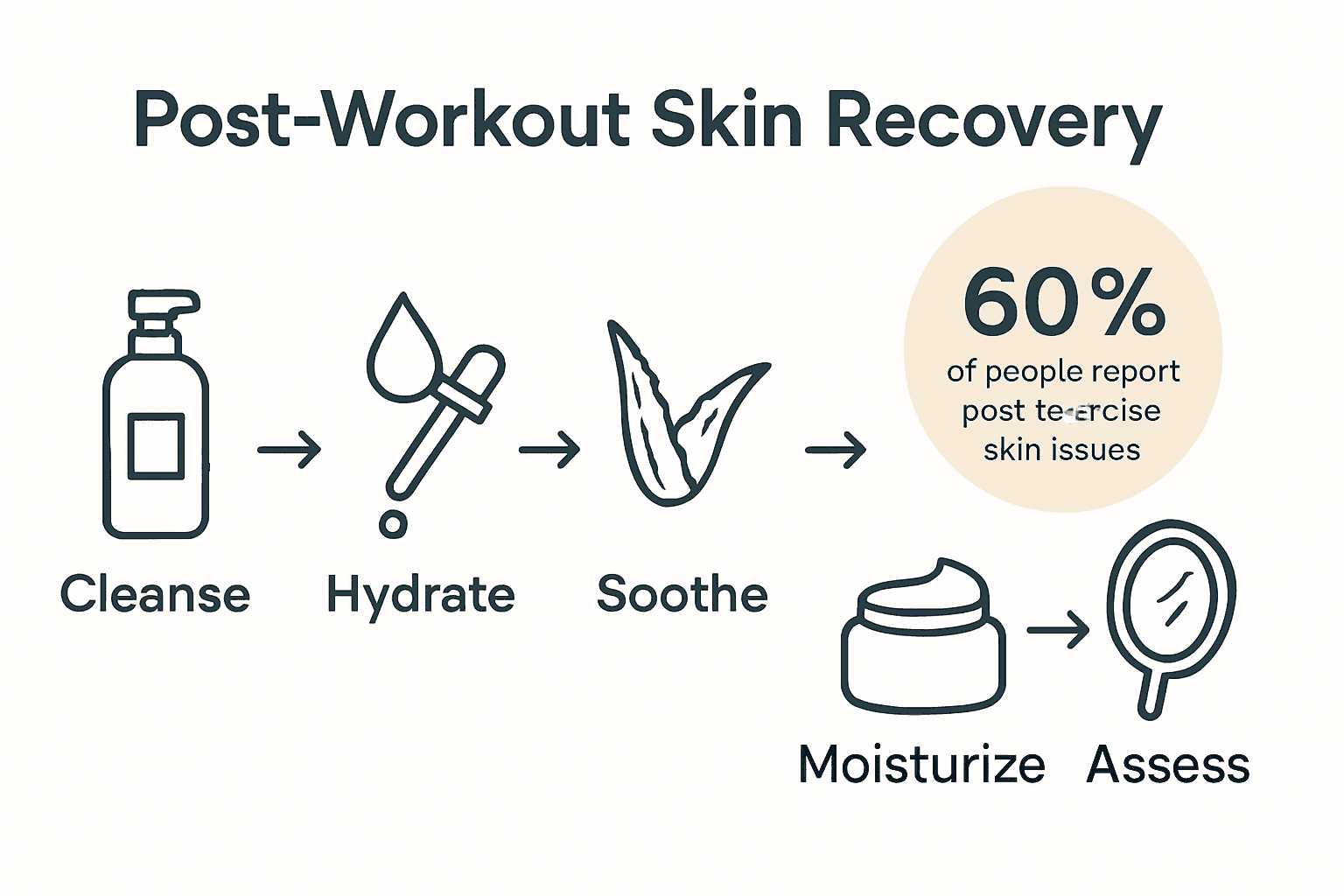 Infographic visually summarizes 5 key steps for post-workout skin recovery using simple icons and process arrows.