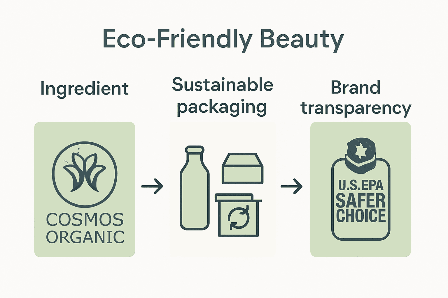 Infographic comparing eco-certifications, packaging, and transparency in beauty products