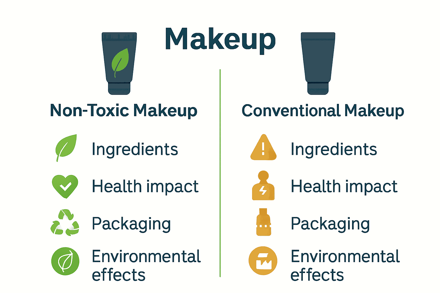 Infographic comparing non-toxic makeup with conventional makeup across key factors.