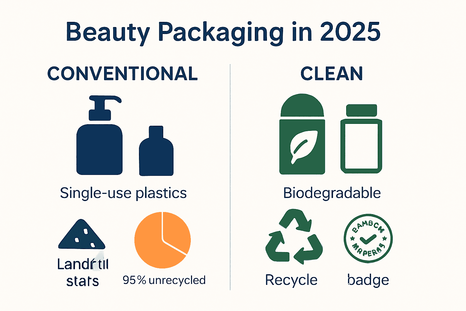 Comparison of conventional and clean beauty packaging solutions in 2025, including waste reduction data.