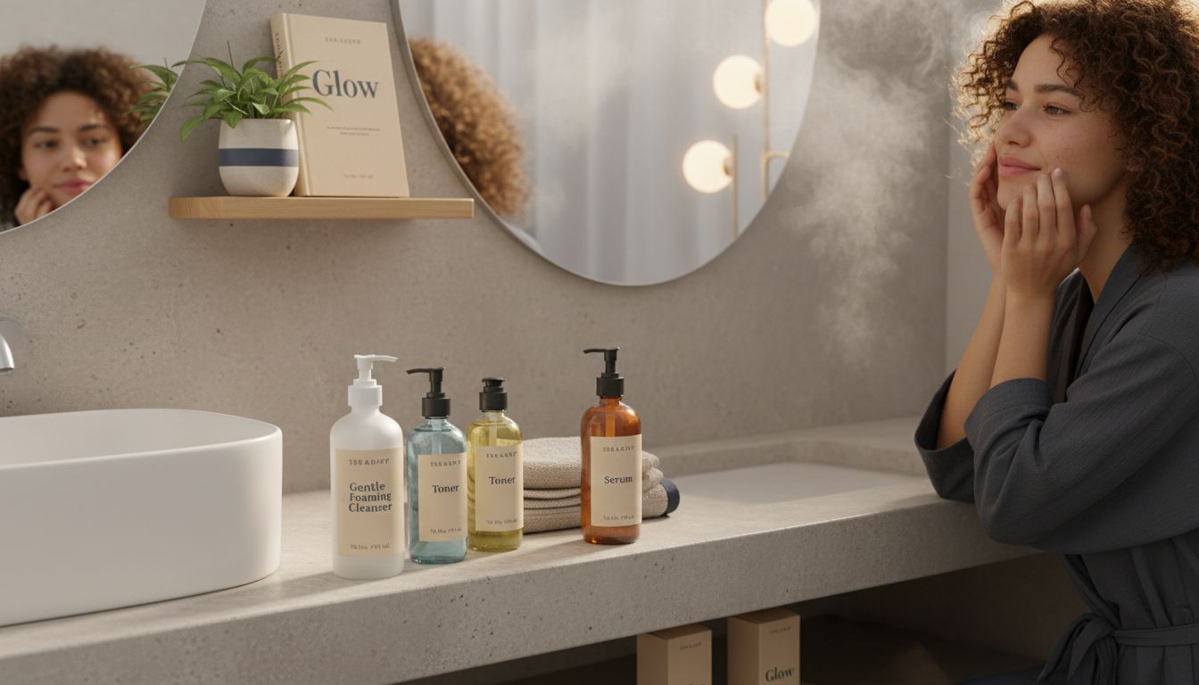 Skincare products arranged for evening cleanse